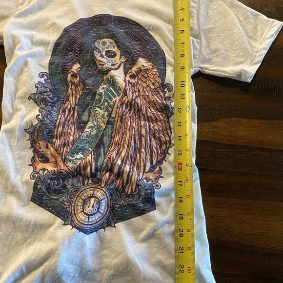 SOLD SECRET ARTIST by Affliction Women's T-Shirt SUGAR ANGEL White Biker - Picture 4 of 7